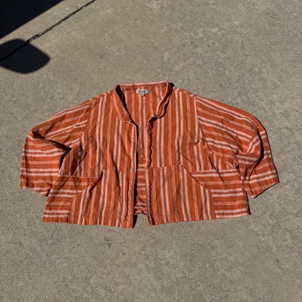 FLAX | Women Open Front Linen Blend Striped Jacket 1G Orange Boho Minimalist - Picture 2 of 8